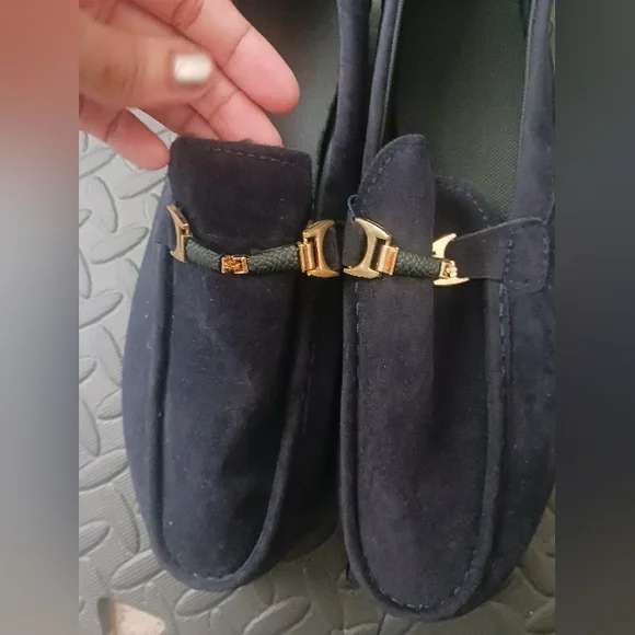 Men Navy Blue Belted Velvet Moccasins Shoes - Picture 4 of 11